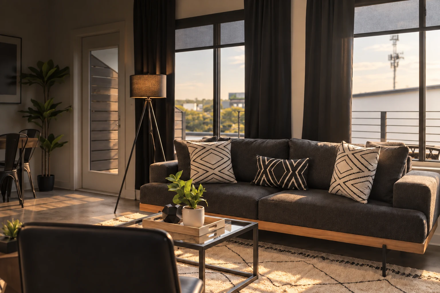 Warm afternoon light across a charcoal sofa, patterned cushions and a coffee table in the Luxe Industrial Loft